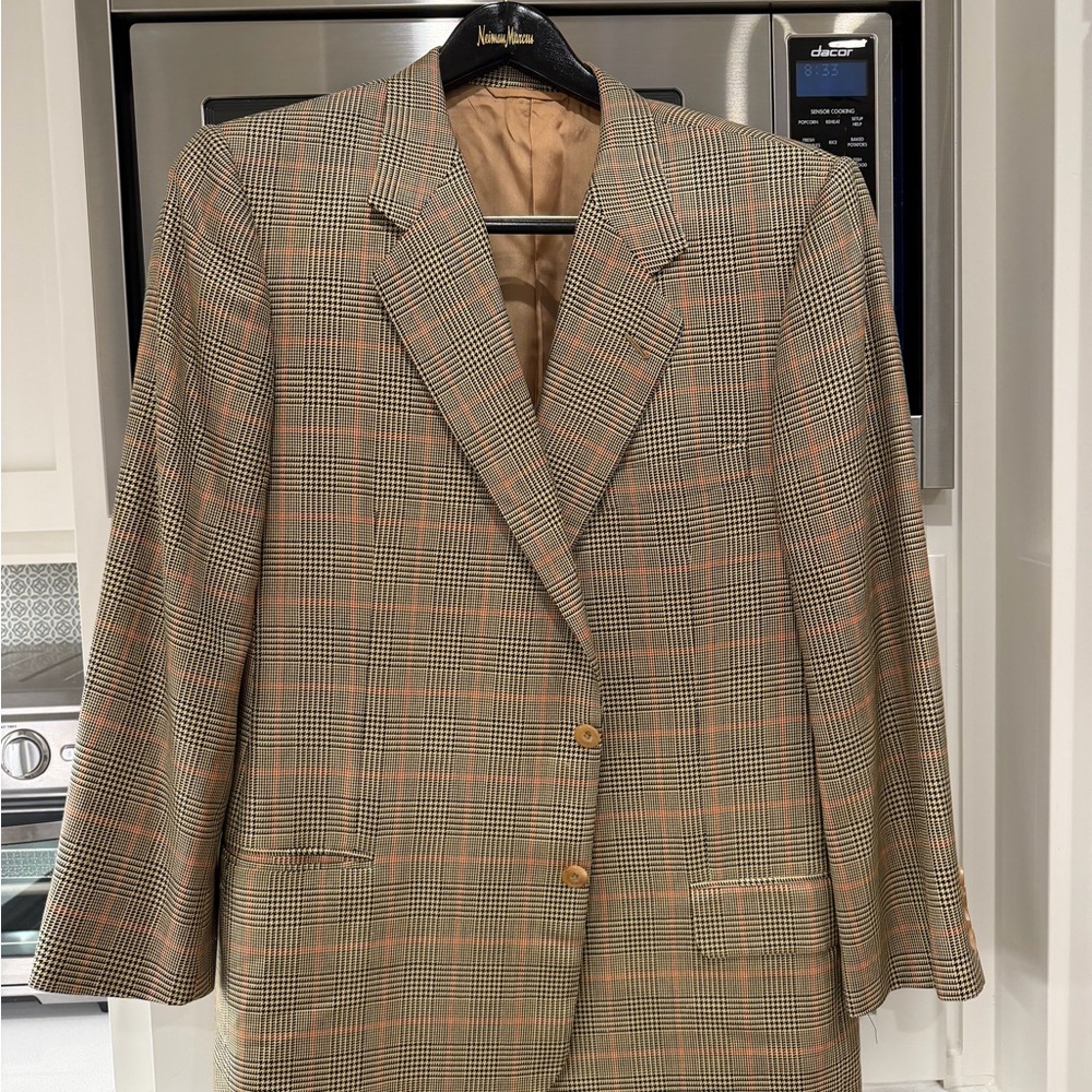 Hickey Freeman Tan and Brown Glen Plaid Sport Coat with Subtle Orange Windowpane